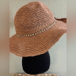 Steve Madden Brown Woven Floppy Sun Hat with Rhinestone Band